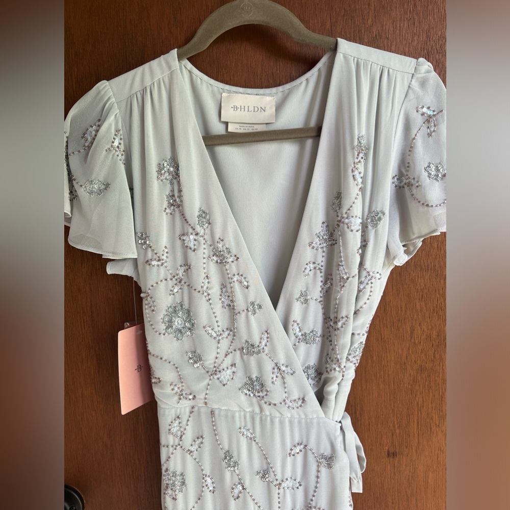 BHLDN Anthropologie Plymouth Beaded Wrap Dress in Fog Grey | Size 10 | NWT - Picture 4 of 8